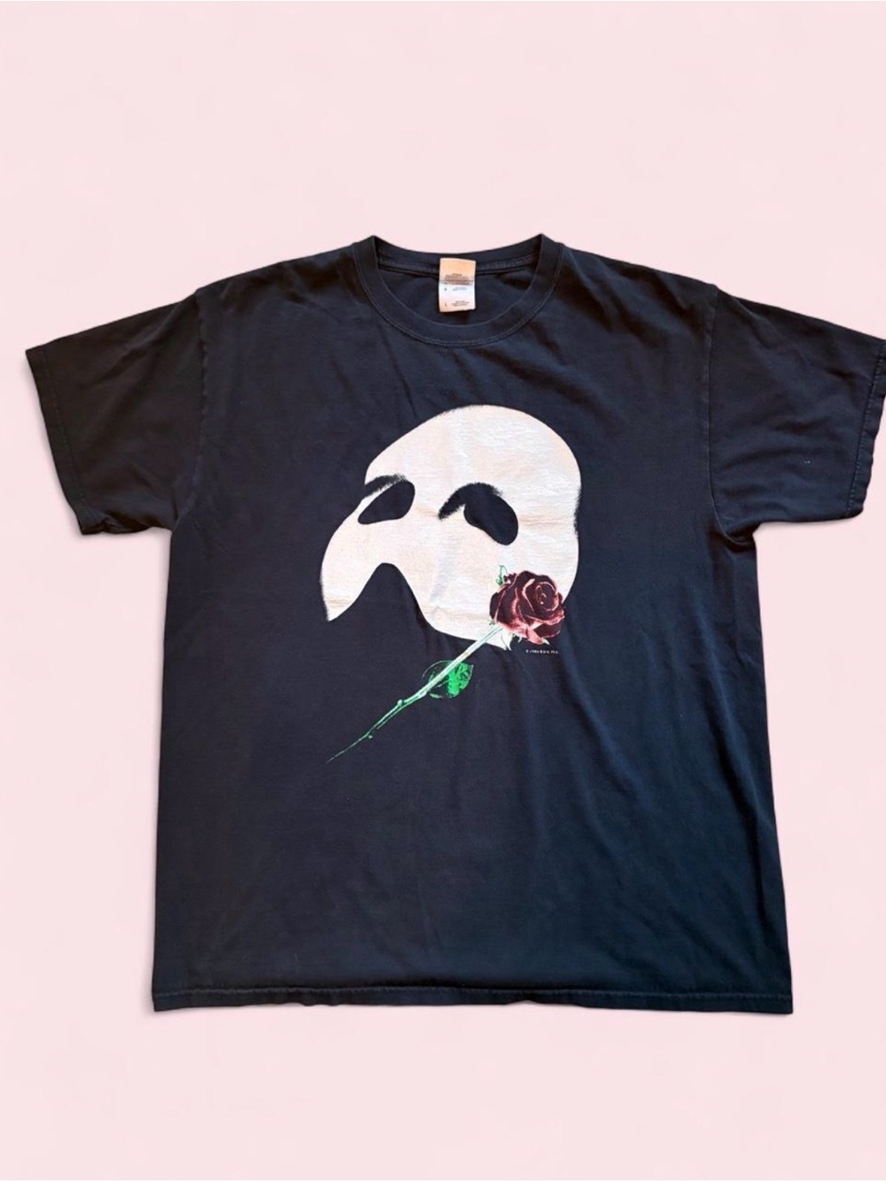 Vintage 1986 Black Tee with Glow in the Dark White Phantom Mask and Red Rose